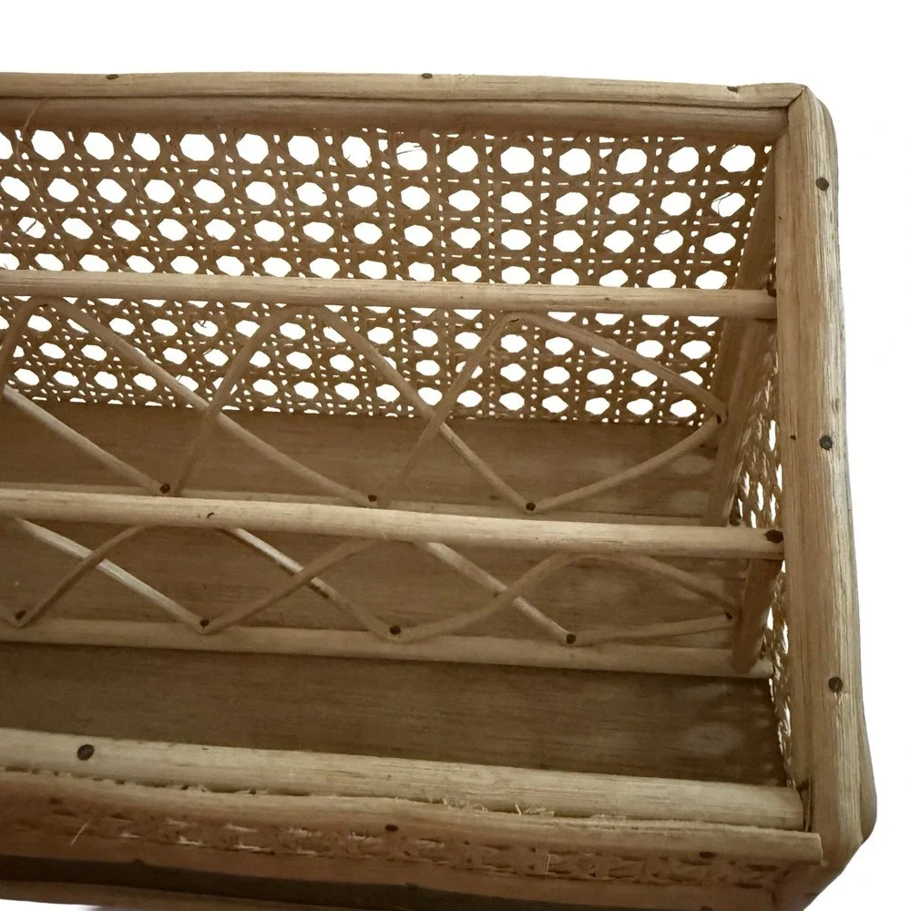 Vintage 70s Wicker Rattan Organizer Basket Shelf Boho Woven Desk Decor Beige